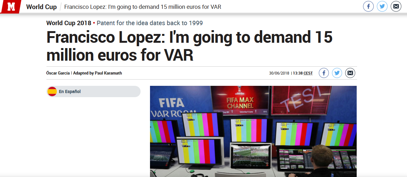 FIFA摊上事儿了，因VAR侵犯个人专利遭索赔1500万欧元